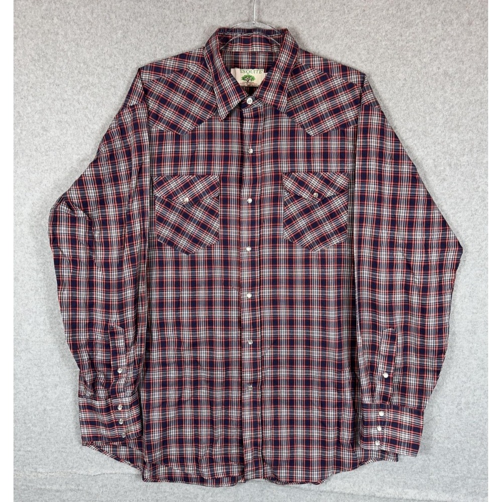 Vintage Mesquite Shirt Mens Large Red Blue Western Pearl Snap Plaid USA 90s